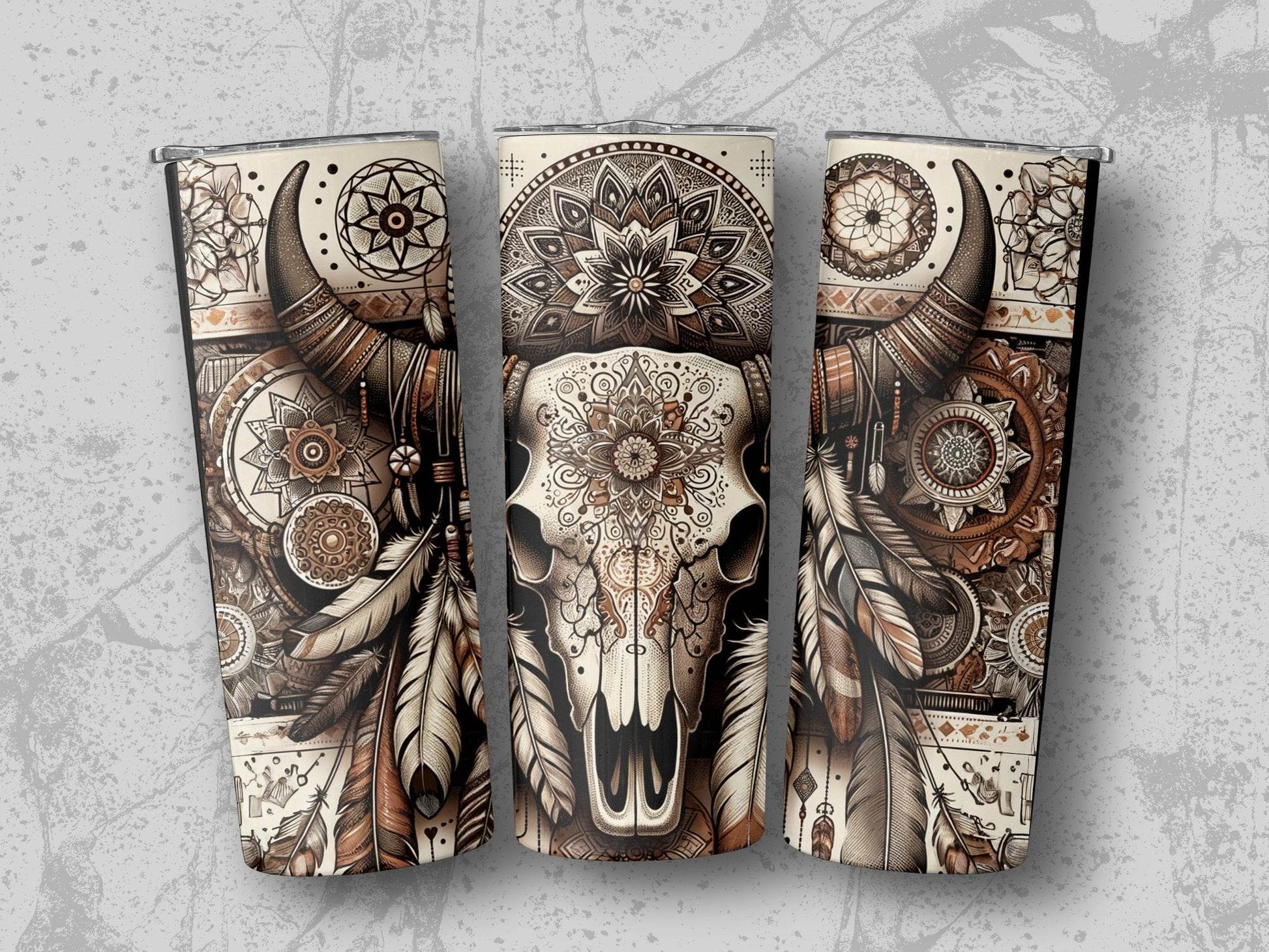 Cow Skull Feathers Mandala Details Boho Style Art Tumbler - Design & Vybe