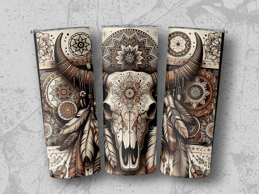 Cow Skull Feathers Mandala Details Boho Style Art Tumbler - Design & Vybe