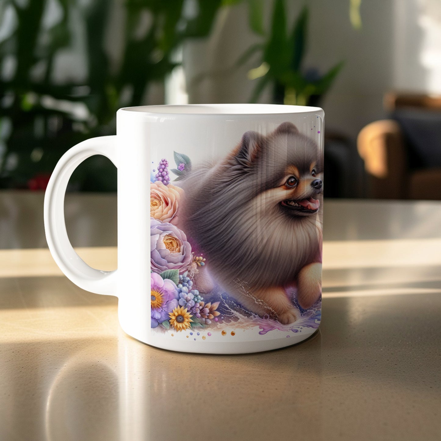 Adorable Pomeranian with Floral Designs Coffee Mug product
