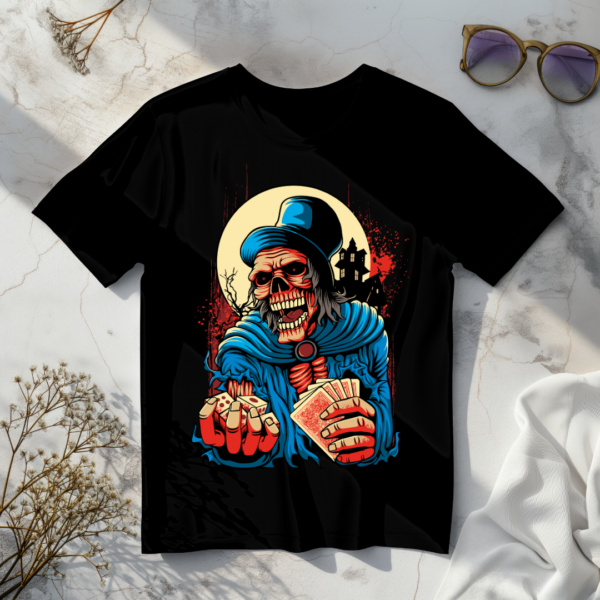 Skeleton offering dice and cards T-shirt - Image 4