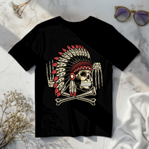 Skull with feathers black t-shirt