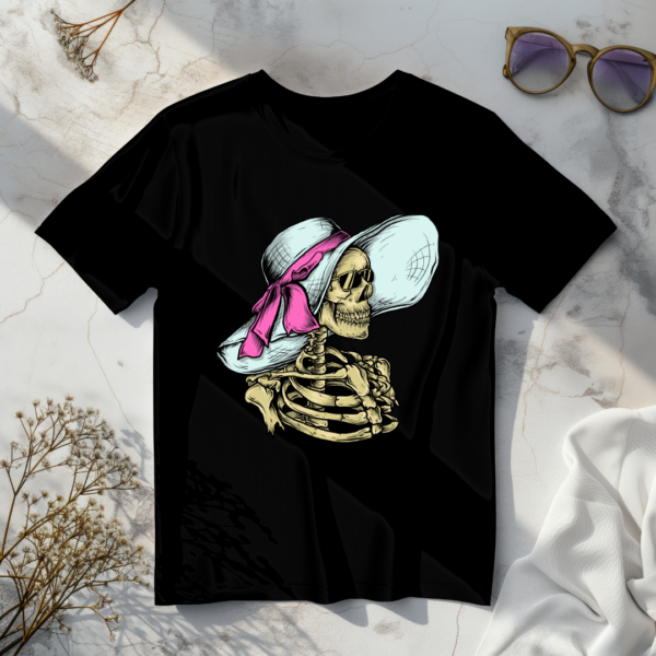 Skeleton wearing hat Black t-shirt