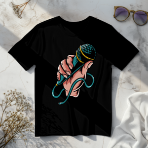 Hand holding mic Black t-shirt