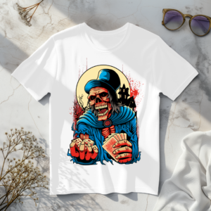 Skeleton offering dice and cards White t-shirt