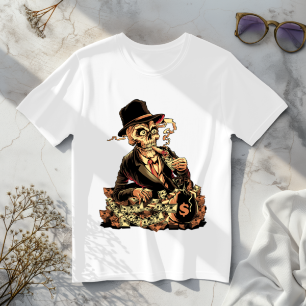 Skeleton with cigar and money White t-shirt