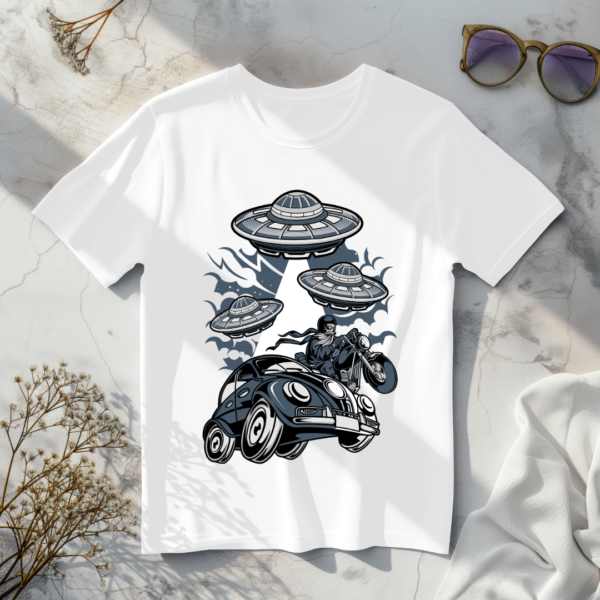 Spaceships with car & bike white t- shirt